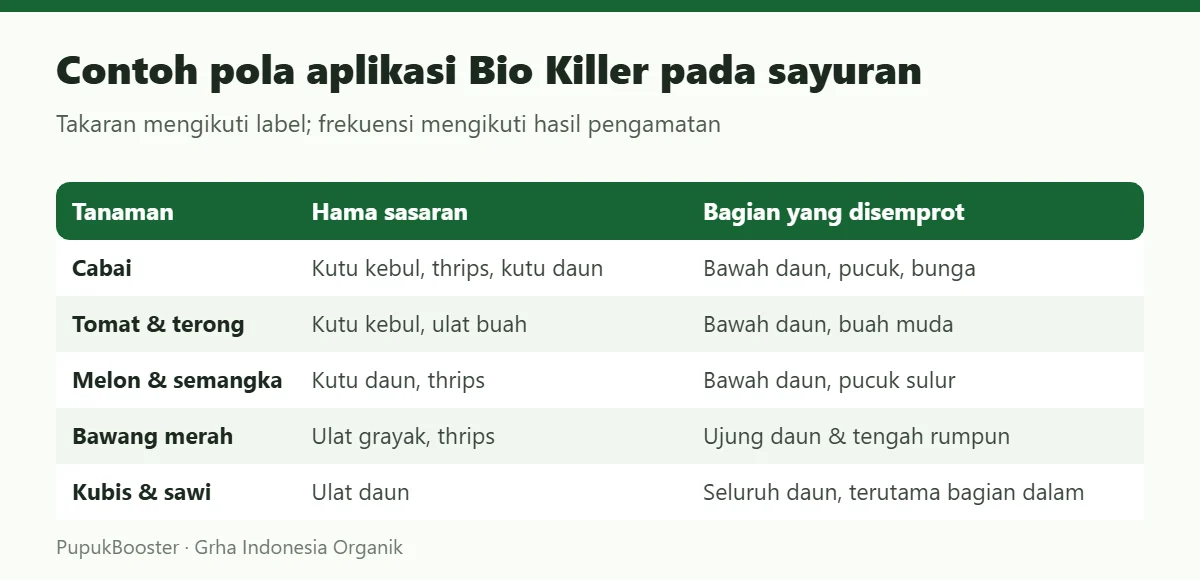 Contoh pola aplikasi Bio Killer pada sayuran